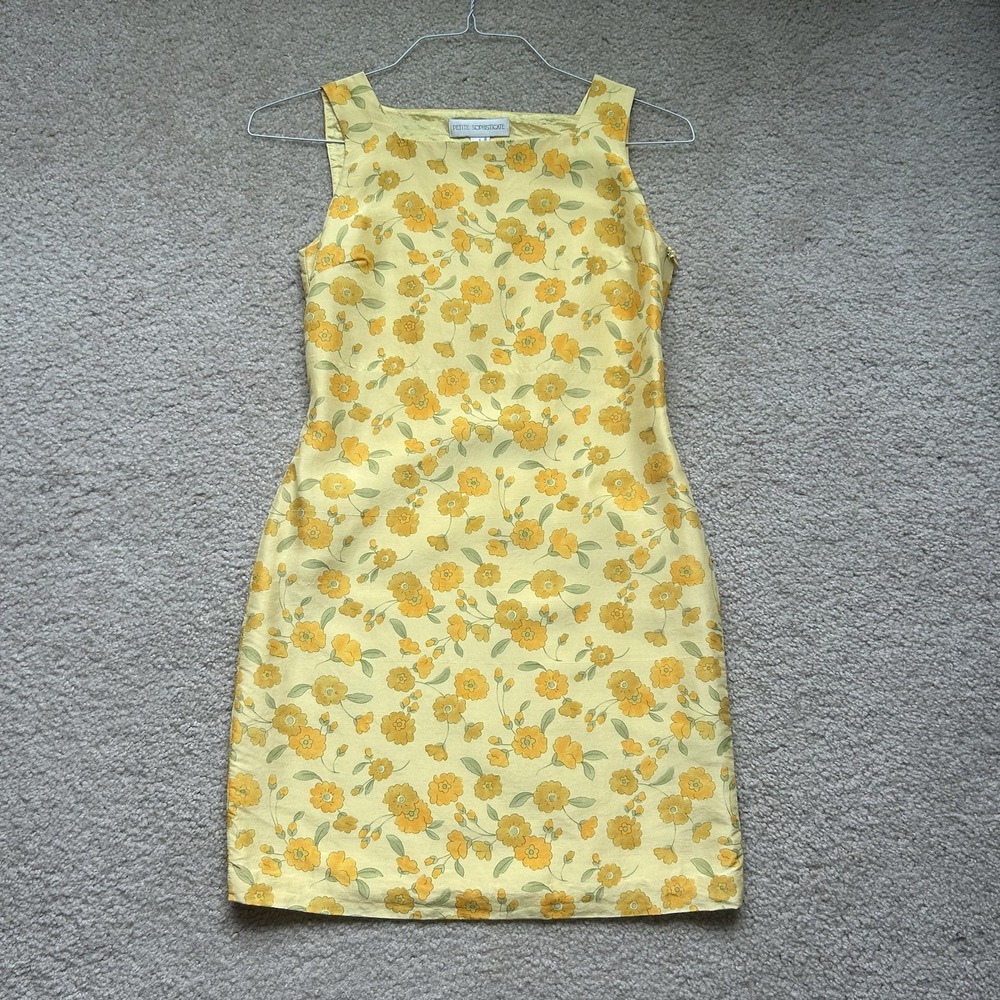 Vtg Petite Sophisticate 80s Yellow Floral Silk Mini Dress Sleeveless Sz 0 Petite